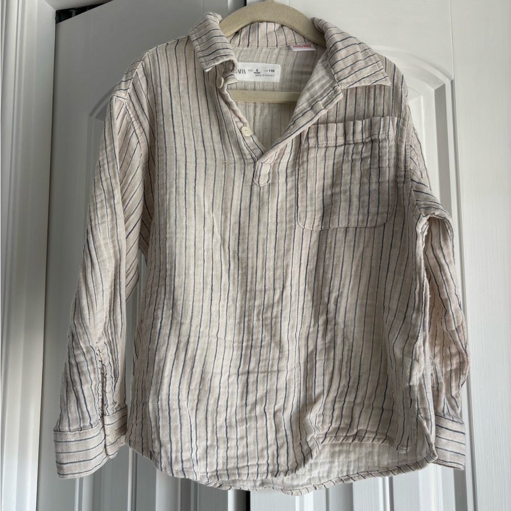 Zara Beige and Navy Striped Casual Button-Down Shirt